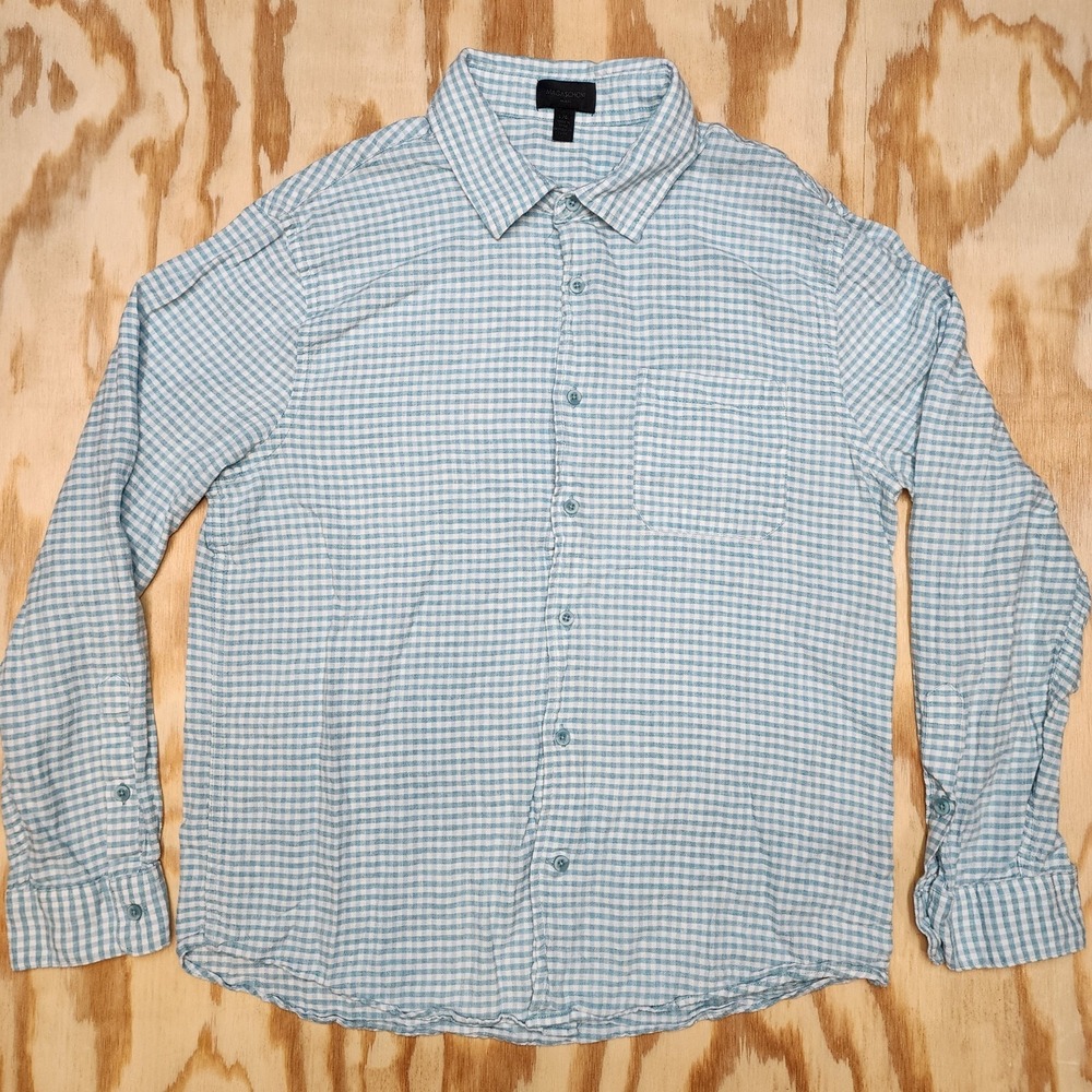 Magaschoni Mens L Blue Check Button Up Long Sleeve Shirt Linen Blend Roll Sleeve - Picture 2 of 7